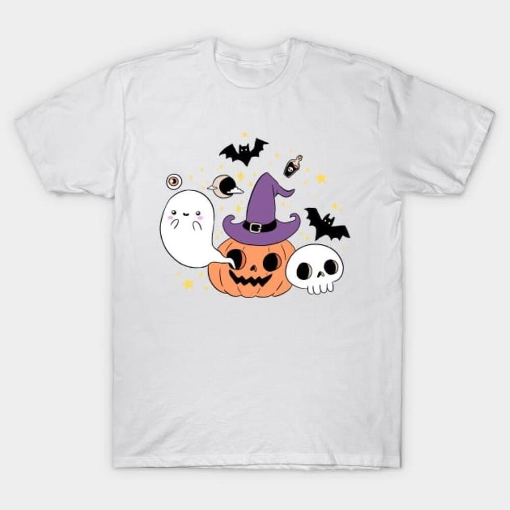Cute Halloween Witch Pumpkin Ghost And Skull Halloween Night Tshirt